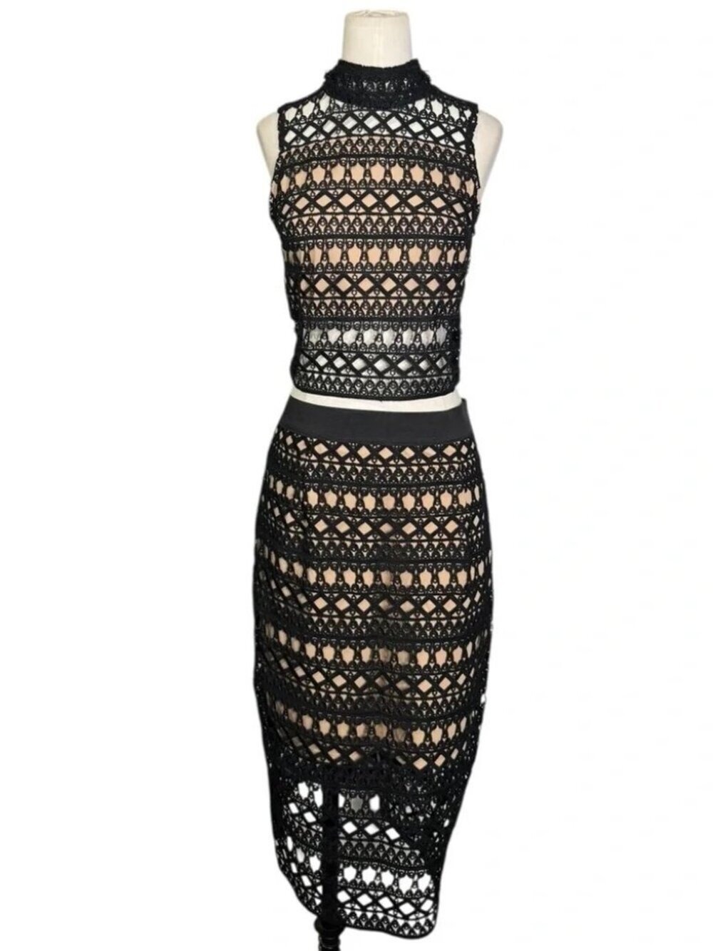 STRUT & BOLT - Two piece Set Lace Crotchet Crop Top & Skirt - Black & Nude - Picture 5 of 5